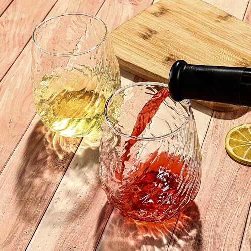 UMEIED Stemless Wine Glasses Set of 12, 17 oz Red White Wine Glasses | Clear Glassware Set for Red/White Wine Dishwasher Safe, Ideal for Daily Use Home Bar Birthdays Housewarming (Wave Texture) - color: Wave Texture