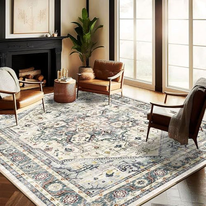 CHAMPLANT Washable Area Rug 9'x12' Cyan Khaki Retro Flowers Boho Design Non-Shedding Easy Care Ideal for High Traffic Areas in Living Room Bedroom Office Coffee Table Kitchen Large Carpet - color: Cyan Khaki, size: 9' x 12' (Rectangular)