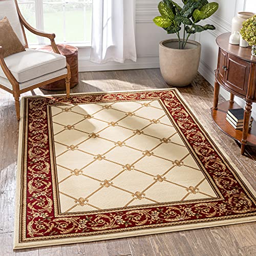 Well Woven Timeless Collection Fleur De Lis Ivory 5x7 Luxurious Traditional French Aubusson Oriental Area Rug Perfect for Living Room Bedroom or Dining Room Easy-to-Clean Durable Design - color: Ivory, size: 5'3" x 7'3" (Rectangular)