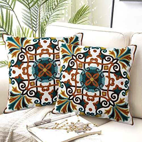 Alysheer Floral Embroidered Fall Decorative Throw Pillow Cover 18"x 18" Set of 2, Boho Farmhouse Embroidery Patterned Orange Teal Cushion Case for Sofa Couch Living Room Bedroom Outdoor - color: Floral Brown, size: 18" x 18" (Pack of 2)