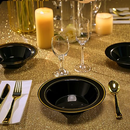 100PCS 12oz Black Disposable Plastic Soup Bowls with Gold Rim | Plastic Bowls for Christmas Thanksgiving Premium Dessert Salad Bowls for Wedding/Party/Halloween - color: Black, style: 100Count