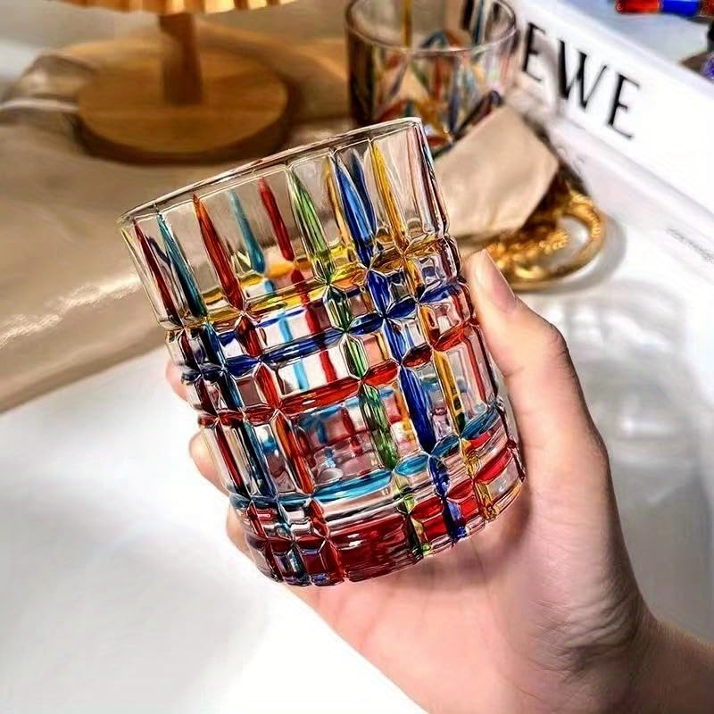 Set of 6 or 5 Hand-painted Colorful Glass Tumblers, Drinking Glassware, Cocktail Glasses for Iced Coffee Juice Tea Beverage Milk Wine With Artistic Design - color: Vertical-Stripes Set of 5
