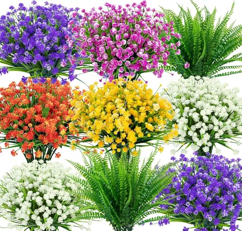 12 Bundles Artificial Flowers for Outdoors Decor, Mixed Color | Fake plastic flowers, faux boston fern plants, greenery stems, UV resistant, indoor outdoor garden patio table home decor - color: Multi Color, size: 12 Packs