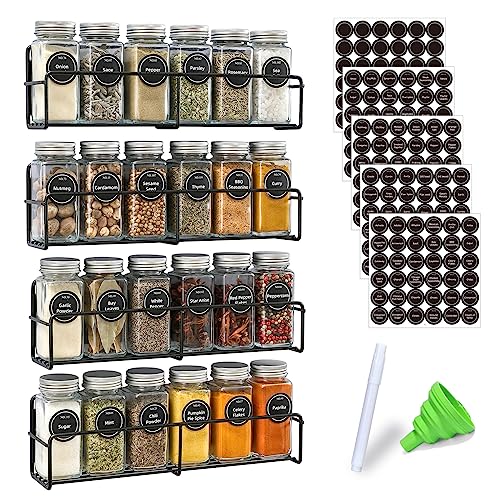 VITEVER Magnetic Spice Rack, 4 Pack, 24 Square Glass Jars with Lids, Quick-Find Pre-Printed Labels, Funnel, Space Saver, Refrigerator and Microwave Oven Organizer