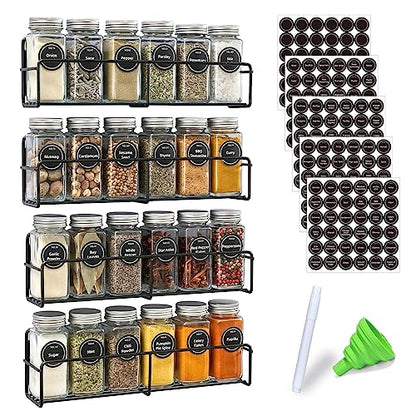 VITEVER Magnetic Spice Rack, 4 Pack, 24 Square Glass Jars with Lids, Quick-Find Pre-Printed Labels, Funnel, Space Saver, Refrigerator and Microwave Oven Organizer