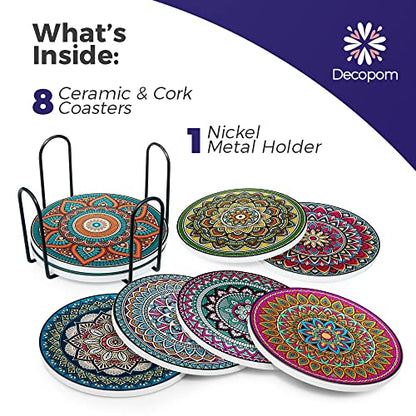 Mandala Drink Coasters with Holder - 8 Set Ceramic Boho Coaster for Drinks Absorbent with Cork Base and Black Holder - Coasters for Coffee Table Apartment Wooden Bar Mugs Glasses Cup Beer