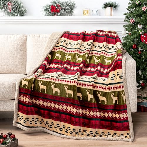 PAVILIA Premium Christmas Sherpa Throw Blanket, Green Red Cabin Design with Reindeer Print, Ultra Soft Reversible Fleece & Sherpa 60x80 Cozy Winter Blanket, Cozy Christmas Holiday Decor - color: Red, size: 60 x 80 Inches - Twin