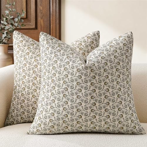 Ditsy Floral Throw Pillow Covers Set of 2, 18x18 Inch Latte | 100% Organic Cotton, Soft Breathable, Farmhouse Cottage Block Print Cushion Covers, Handcrafted for Sofa Couch Living Bedroom - color: Latte, size: 18" x 18" (Pack of 2)