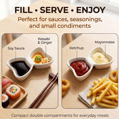 Dipping Bowls, 2-Compartment, 2-Pack, Yellow | Butterfly-shaped ceramic cups keep dips apart in separate wells; 3 oz dishes serve sushi, snacks, condiments, and appetizers. - color: Yellow