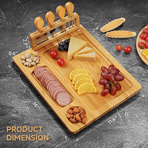 Bamboo charcuterie boards Gift Set - Serving Meat Cheese Board, Charcuterie Board Set with 4 Stainless Steel Cheese Knife, Ideal for House Warming Gifts New Home, Christmas, Bridal Shower Gift | 4 stainless steel cheese knives, serving platter. Perfect fo