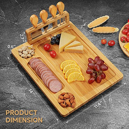 Bamboo charcuterie boards Gift Set - Serving Meat Cheese Board, Charcuterie Board Set with 4 Stainless Steel Cheese Knife, Ideal for House Warming Gifts New Home, Christmas, Bridal Shower Gift | 4 stainless steel cheese knives, serving platter. Perfect fo