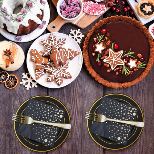 Black and Gold Dessert Plates Set, 100 Plates, Forks and Cocktail Napkins | Sturdy plastic, cake service, appetizer tables, salad course, weddings, graduations, easy cleanup - color: Black, style: Plates,Forks and Napkins