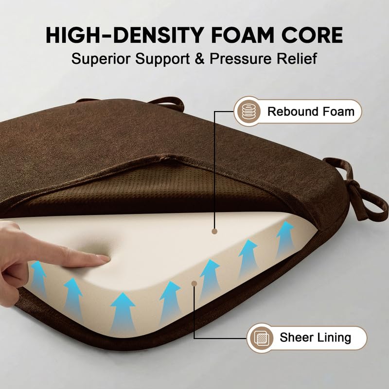 D-Shaped Chair Cushions Set of 1, Chair Pads with Ties, 17" x 16" | 2" Thick Non Slip Seat Cushion for Dining & Kitchen Chairs, 40D Foam, Removable Washable Cover, Brown - color: Brown