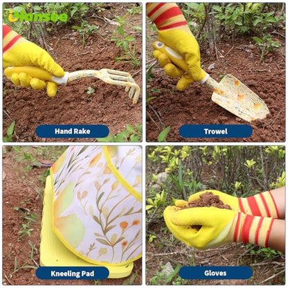 Yellow Garden Tools Set 10 Pieces, Gardening Gifts for Women | Aluminum Alloy Steel Hand Tool Kit w/Non-Slip Ergonomic Handle, Floral Print Garden Supplies Organizer Handbag, Gardening Set - color: yellow