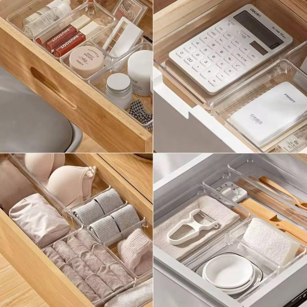 25 PCS Clear Plastic Drawer Organizer Set, 4 Sizes Stackable Storage Bins with Non-Slip Silicone Pads, Desk Bathroom Kitchen Makeup Office Drawer Organizers for Cosmetics,Gadgets & Accessories