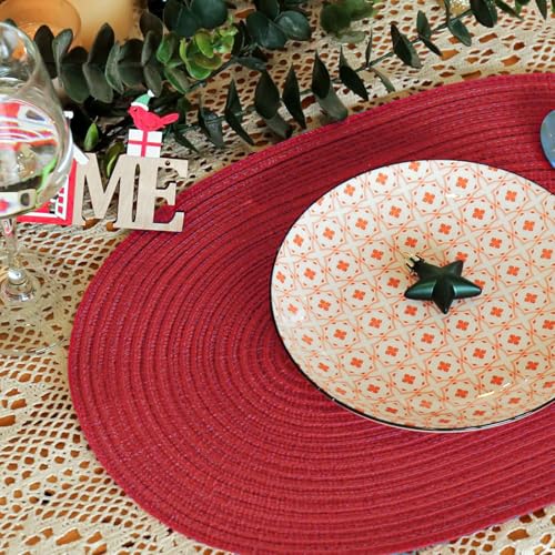 Placemats Set of 6, Woven Oval Braided Dining Table Mats(Red) | 12 x 17.5 Inch Size Fits Plates and Flatware; Hand Washable and Heat Resistant for Kitchen Use, with Farmhouse and Boho Style - color: Red, size: 6 pcs