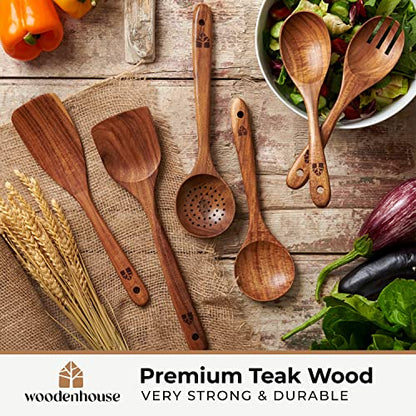 Wooden Spoons for Cooking, Teak Wood Kitchen Utensil Set – Multipack | Comfortable Grip, Non-Stick, Food-Safe & Easy to Clean Natural Cookware - size: 6 piece set