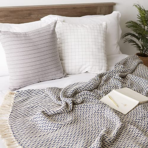 DII Modern Zig Zag Throw Blanket Woven Cotton, Hand-Knotted 2.5" Fringe, 50x60, Nautical Blue - color: Nautical Blue, size: 50x60"