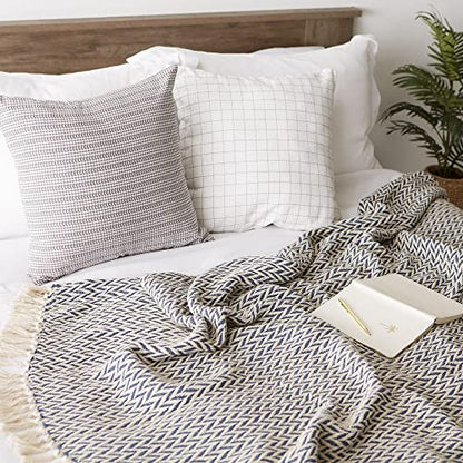 DII Modern Zig Zag Throw Blanket Woven Cotton, Hand-Knotted 2.5" Fringe, 50x60, Nautical Blue - color: Nautical Blue, size: 50x60"