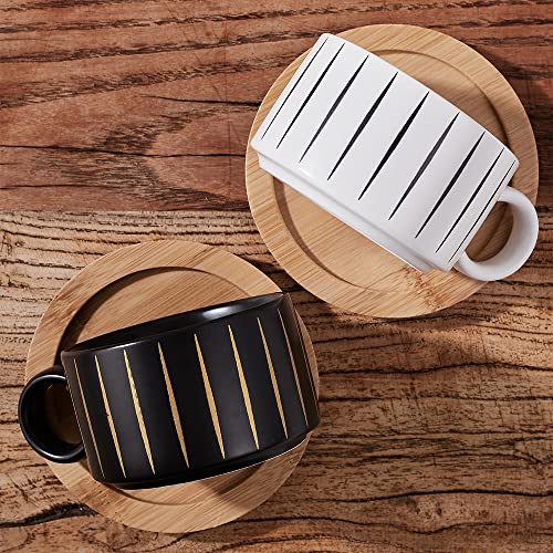 LUKA Porcelain Espresso Cup with Saucer and Metal Stand, 6 Ounce Stackable Ceramic Demitasse Espresso Mugs Cappuccino Cups Set for Latte,Coffee,Cafe Mocha,Tea(Set of 4) - color: Black & White Stripes