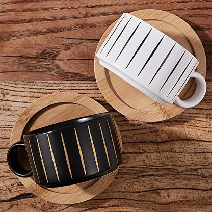 LUKA Porcelain Espresso Cup with Saucer and Metal Stand, 6 Ounce Stackable Ceramic Demitasse Espresso Mugs Cappuccino Cups Set for Latte,Coffee,Cafe Mocha,Tea(Set of 4) - color: Black & White Stripes