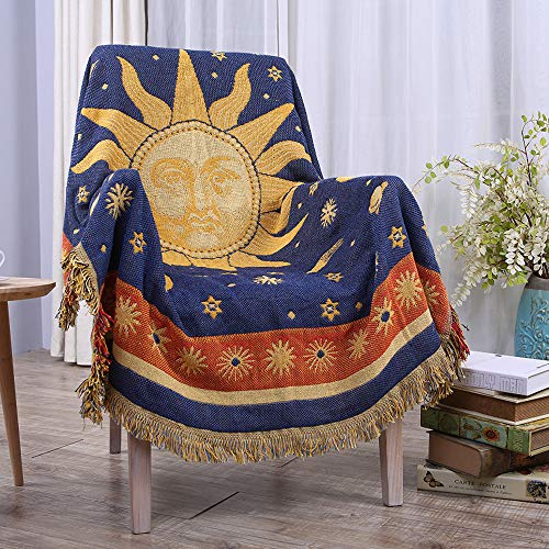 Erke Celestial Moon Sun Blanket Vintage 90s Decor Chair Whimsy Hippie Throw | Sofa Couch Furniture Aesthetic Witchy Recliner Cover, Bed Spread, Hippie Room Decor, Double Sided Woven - size: 50" x 70"