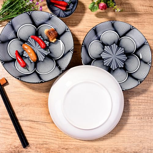 4-Piece Ceramic Salad Plate Set, 8-Inch Round Dinner Plates with Black & White Geometric Flower Motif, Modern Serving Dish with Black Rim, Microwave & Dishwasher Safe, Stackable Plates for Pasta - color: Black and White Floral Pattern