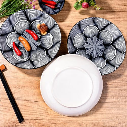 4-Piece Ceramic Salad Plate Set, 8-Inch Round Dinner Plates with Black & White Geometric Flower Motif, Modern Serving Dish with Black Rim, Microwave & Dishwasher Safe, Stackable Plates for Pasta - color: Black and White Floral Pattern