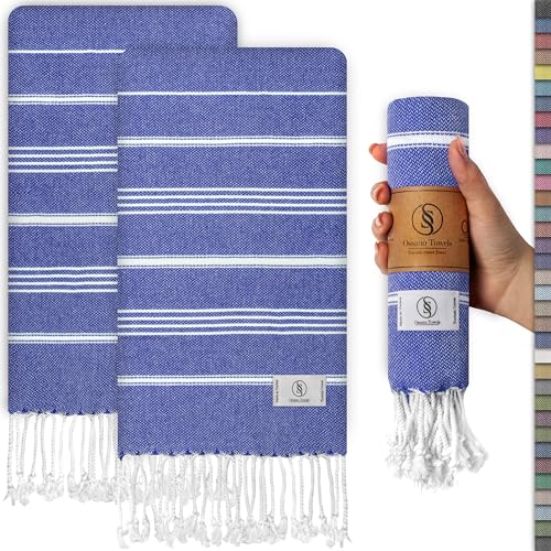 Ossano Decorative Turkish Hand Towels - Thin & Quick Dry - Set of 2 (30" x 18") - for Powder Room & Kitchen - Multifunctional as - Face Towels for Bathroom, Flour Sack Towel - Sax Blue - color: Sax Blue