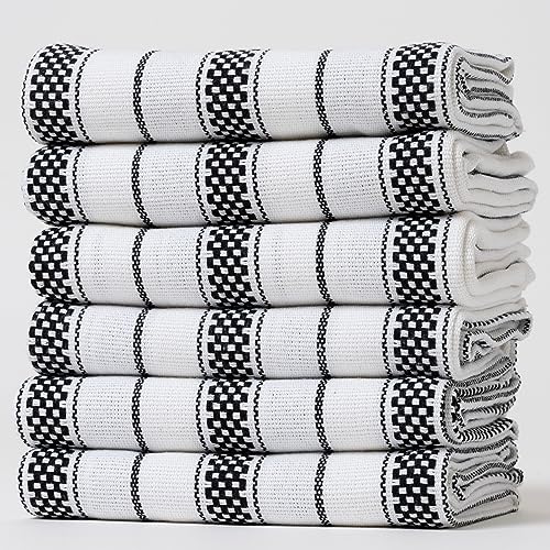 Kitchen Towels Set – Pack of 6 (20’’ x 30’’) Extra Large Premium Cotton Dish Towels for Kitchen – Chain Stripe Towels – Absorbent – 100% Cotton – with Hanging Loop – Black - color: Black Chain Striped, size: Pack of 6