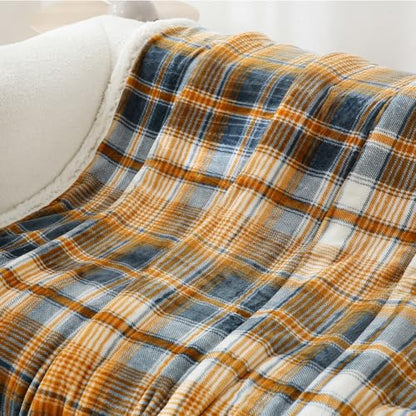 PU MEI Sherpa Blanket Twin Plaid Thick Bed Blanket, 60”*80” Super Soft Flannel Fuzzy Fleece Reversible Velvet Plush Warm Blanket for Couch (Blue Yellow Check) - color: Blue Yellow Check, size: 60"*80"