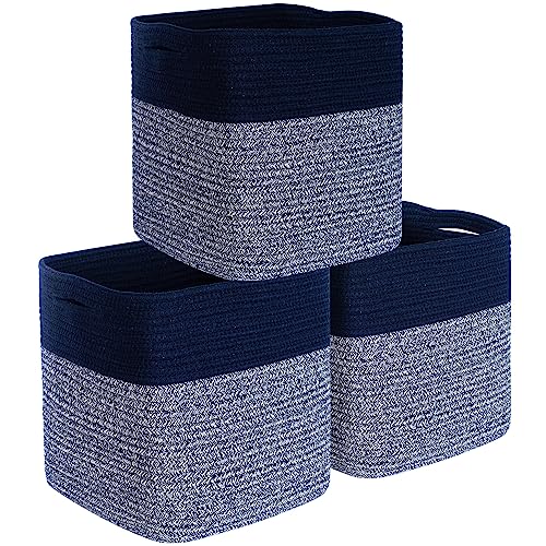 3-Pack 11x11in Woven Cube Storage Bin and Shelf Baskets, Cute Decorative Square Organizer for Closet, Classroom, Bathroom, Dog and Cat Toys, and Books, Navy Blue - color: Navy Blue