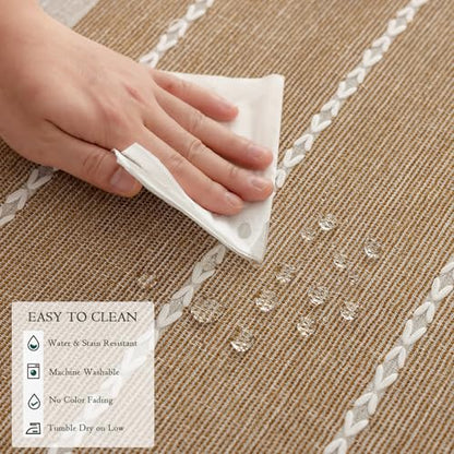 Joyfol Day Rustic Waterproof Cotton Blend Tablecloth, Heavy Weight Embroidery Table Cover for Rectangle Tables, Burlap Farmhouse Style with Coffee Lines, 55" x 86" - color: Coffee Lines, size: 86" x 55" (Rectangular)