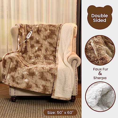 Bearhug Electric Blanket Throw Size, 50" x 60" Heated Blanket with 6 Heating Levels & 4H Auto Shut-Off, Machine Washable Soft Velvet to Sherpa Reversible Heated Throw for Office, Couch and Sofa - color: Champagne-faux Fur & Sherpa, size: Throw 50" × 60"
