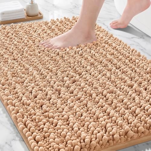 Bathroom Rugs Non Slip Washable 32x20, Extra Thick Soft Chenille Absorbent Bath Mat, High Density Barrier Non Slip Backing, Quick Dry Plush Shaggy Floor Carpet for Tub&Shower, Beige - color: Beige, size: 32" X 20"(Bathroom Rug)