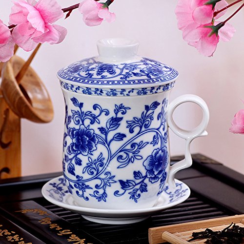 Porcelain Tea Cup with Infuser Lid and Saucer Sets - Chinese Jingdezhen Ceramics Coffee Mug Teacup Loose Leaf Tea Brewing System for Home Office - color: Wealth Blue and White