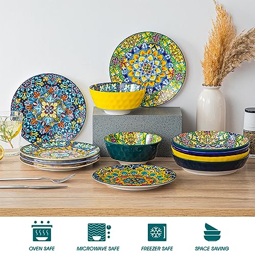vancasso Salad Plates Set of 6, 8.5 Inch Ceramic, Microwave Safe | Dessert and Small Dinner Plates, Colorful Bohemian Style Plates for Kitchen - size: 8.5in