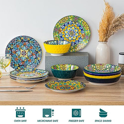 vancasso Salad Plates Set of 6, 8.5 Inch Ceramic, Microwave Safe | Dessert and Small Dinner Plates, Colorful Bohemian Style Plates for Kitchen - size: 8.5in