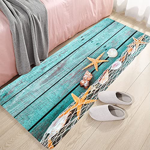 LYFANS Bath Rugs Sponge Foam Absorbent Soft for Bathroom and Kitchen (47X18 inches), Flannel Mat Non Slip Bright 3D Print for Bedside and Living Room(Starfish on Blue Wooden Board) - color: Starfish on Blue Wooden Board 4, size: 47X18 inches