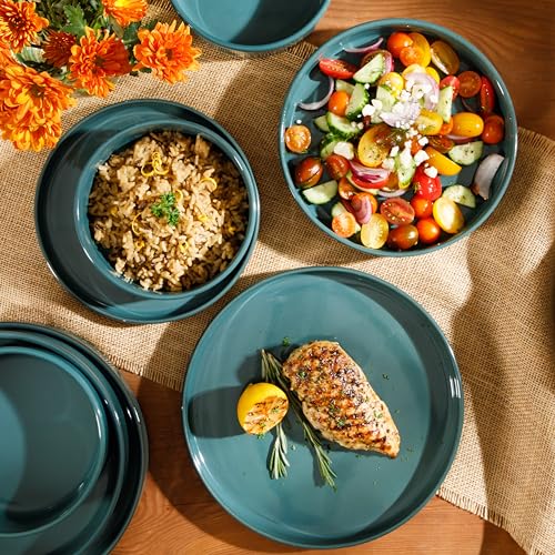 Two Time Oprah's Favorite Things Winner - Santorini Mist Double Bowl Terracotta Reactive Glaze Plates and Bowls Dinnerware Set - Jade Blue Green, Service for Four (16pcs) - color: Jade