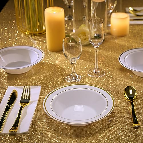 100PCS Plastic Bowls with Gold Rim 12oz Disposable Soup Bowls | Plastic Bowls for Christmas Thanksgiving Premium Dessert Salad Bowls for Wedding/Party/Halloween - color: Gold, style: 100Count