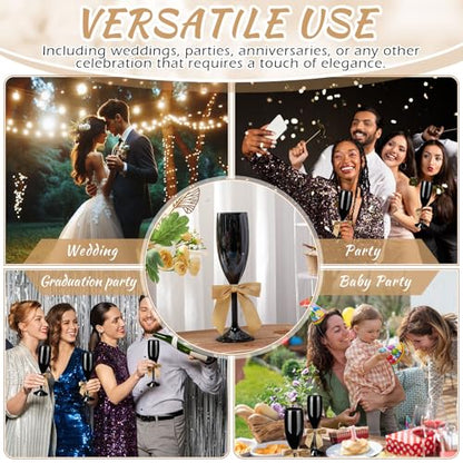Zopeal Plastic Reusable Champagne Flute Glasses 6 oz and 50 Pcs Bow Set Acrylic Wedding Toasting Goblet 3.5" Bow Unbreakable Wine Cup for Bachelorette Bridal Shower Party(Black and Gold) - color: Black and Gold