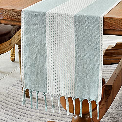 Wracra Linen Table Runner, Stripe Table Runners 90 Inches Long Aque Blue | Delicate Splicing Design and Hand-Tassels;Cotton Linen Woven Fabric;Farmhouse Macrame Table Runner;Dresser Dining Table Decor - color: Aqua Blue, size: 13×90 Inch (1 pc)