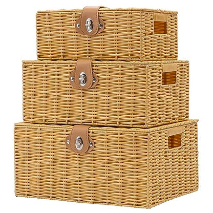 Wicker Storage Baskets with Lids, Set of 3 Decorative Storage Boxes For Organizing, Woven Baskets with Leather Lock and Handles (Beige)
