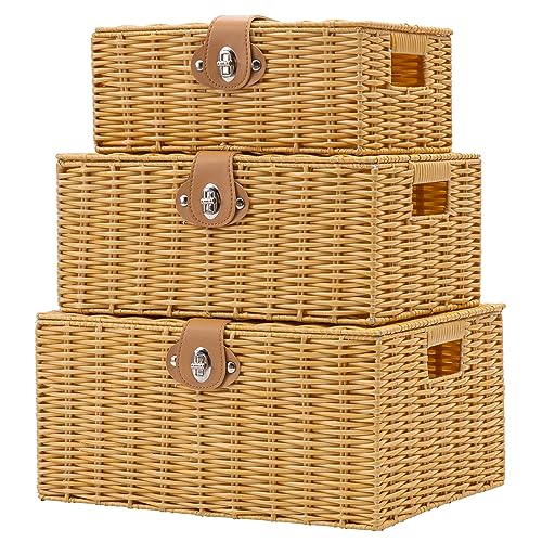 Wicker Storage Baskets with Lids, Set of 3 Decorative Storage Boxes For Organizing, Woven Baskets with Leather Lock and Handles (Beige)