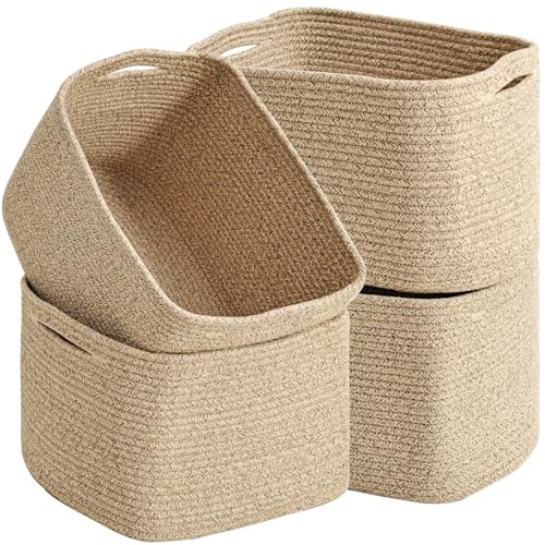 ICERZCZ Rope Storage Baskets for Organizing, 15x11x9 Mixed Brown 4 Packs | Woven Cotton Rope Baskets for Shelves, Organization Bins for Dog Toys Clothes Books, Nursery Bathroom Bedroom Organizer - color: Mixed Brown