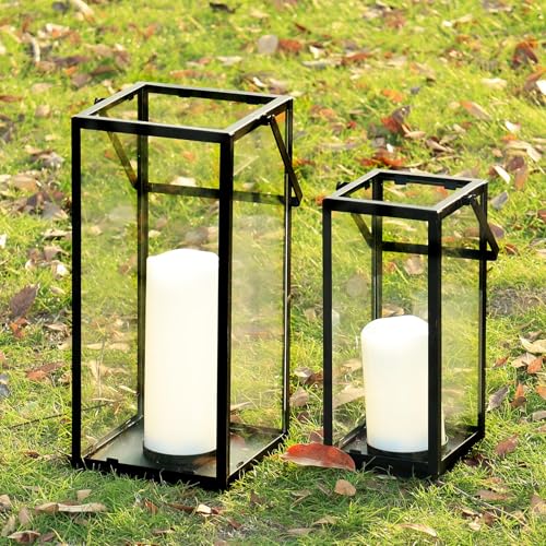 Lantern Decorative Outdoor & Indoor, 14.3'' & 11''H Metal Candle Lanterns Decor, Vintage Hanging Candle Holder for Front Porch Patio Wedding Farmhouse Home, Spring Decoration - color: Black / 14.3‘’h + 11‘’h / Timed Candles