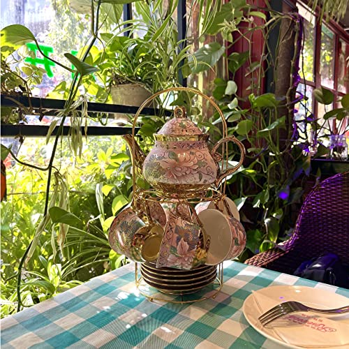 20 Pieces Porcelain Tea Set With Metal Holder, European Ceramic tea set for adults,Flower Tea Set,Tea Set For Women With Flower Painting (Large version, Pink) - color: Pink