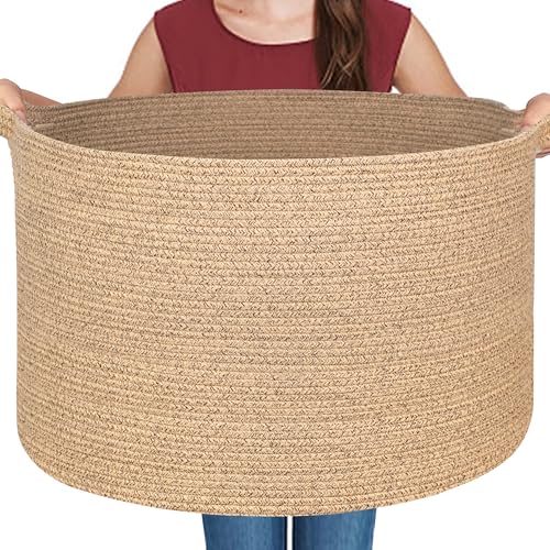 Extra Large Storage Basket, 22”x14” Woven Cotton Rope Basket, Big Kids Dog Floor Toy Bin, XXL Blanket Pillow Holder for Living Room Bedroom, Brown Variegated Round Baskets for Organizing - color: Brown Variegated, size: 22"x22"x14"