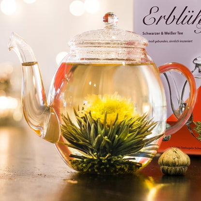 Creano Blooming Tea Gift Set with Glass Pot 17oz/500ml with 6 Flowering-Tea each 3pcs White & Black Tea